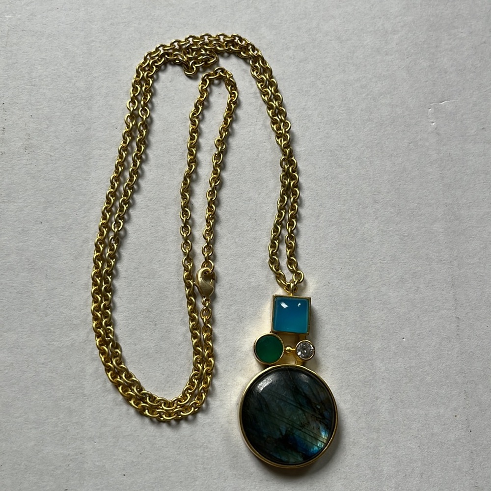 30” Gold plated link chain with Labradorite, CZ, quartz bezel pendant